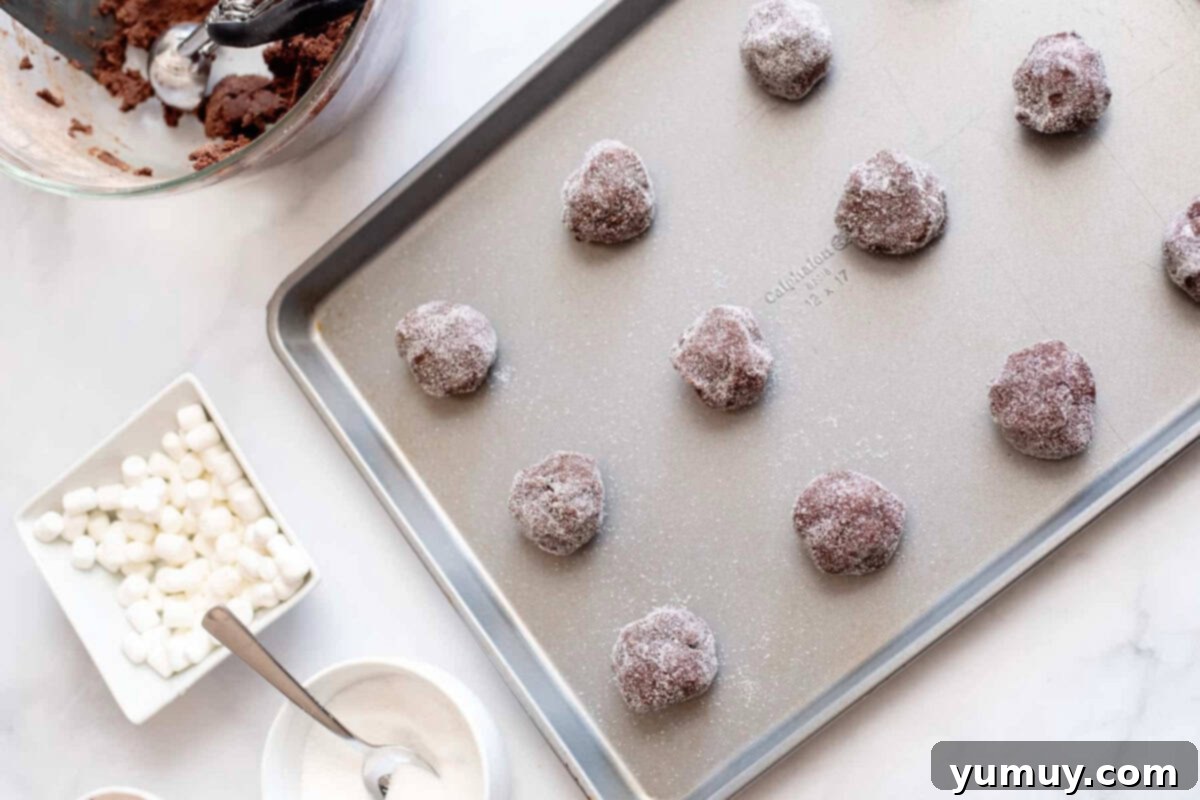 Gooey Chocolate Marshmallow Cookies 23 Balls of unbaked marshmallow cookies lined up on a baking sheet, ready for the oven.
