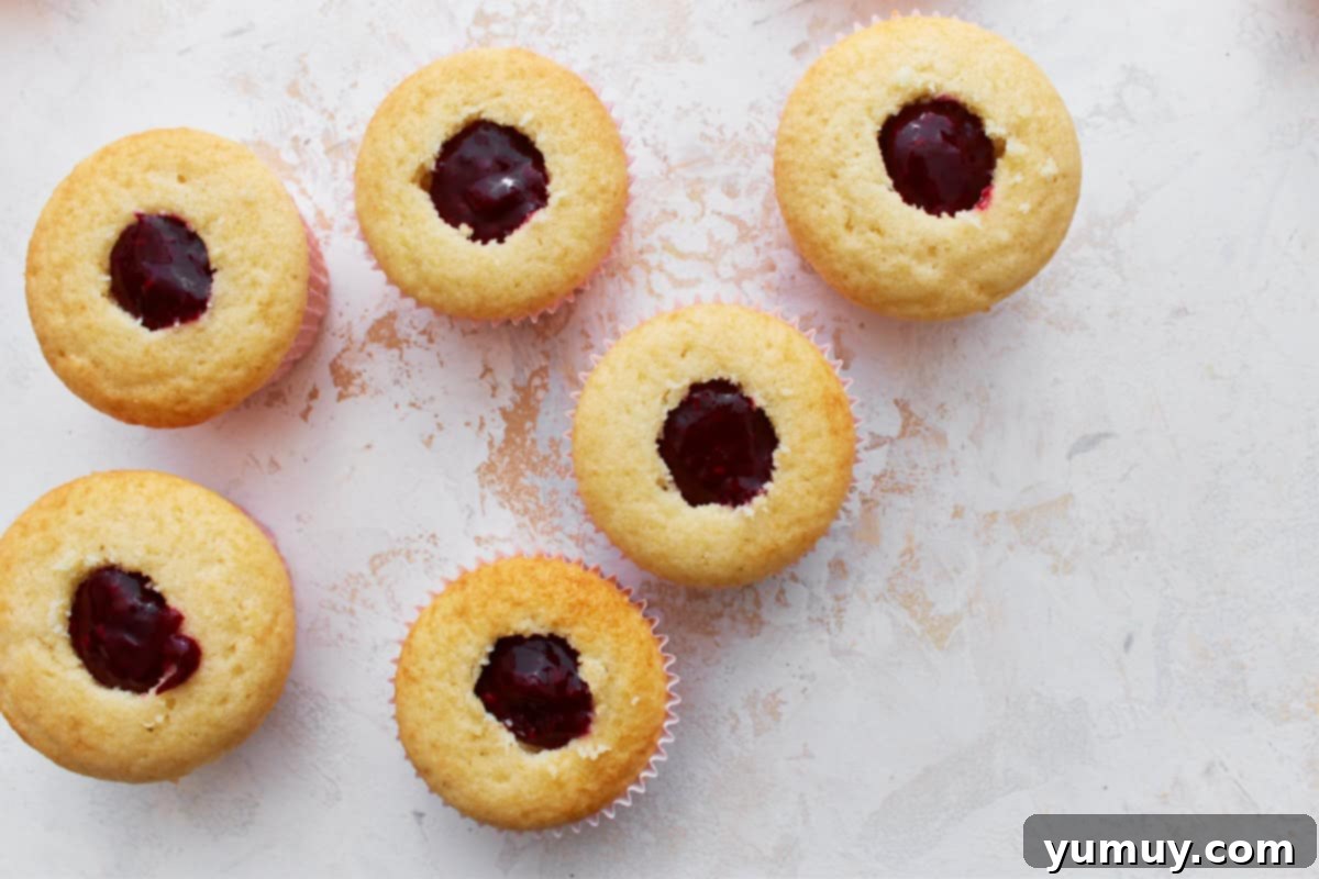 Cupcakes with their centers cored out and filled with berry sauce, then re-topped with cake pieces.
