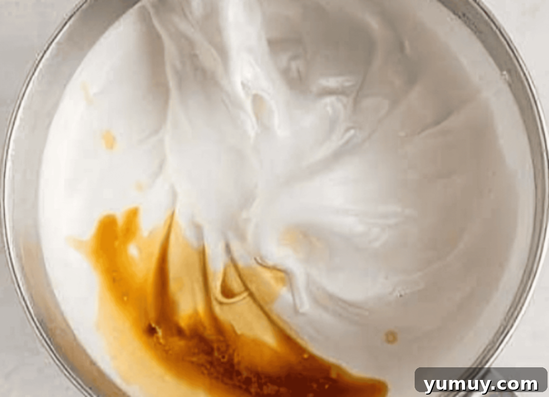 Light & Airy Chocolate Cloud Cake 18 adding vanilla extract to whipped meringue in a stainless mixing bowl.