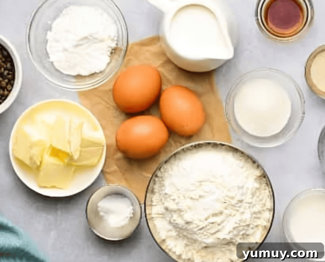 Boston Cream Delights 17 Ingredients for Boston Cream Donuts laid out on a kitchen counter, ready for preparation.