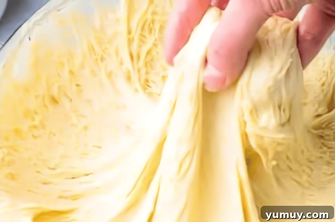 Boston Cream Delights 20 Proofed donut dough, stretched and ready to be punched down, showing its airy texture.