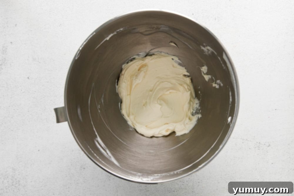 cream cheese and vanilla extract beaten in a stainless mixing bowl.