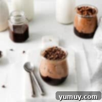 a serving of no bake chocolate cheesecake mousse in a small glass jar.