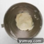 cream cheese and vanilla extract beaten in a stainless mixing bowl.