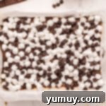 Smores Bars 11 mini marshmallows and chocolate chips in a baking pan.