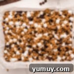 Smores Bars 12 crumbled graham crackers, mini marshmallows, and chocolate chips in a baking pan.