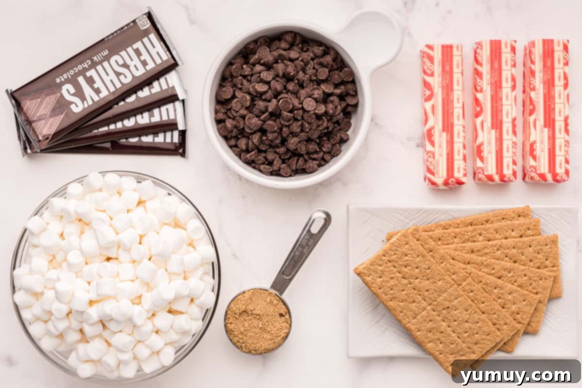 Smores Bars 14 ingredients for s'mores bars.