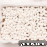 Smores Bars 9 mini marshmallows over graham cracker crust in a baking pan.