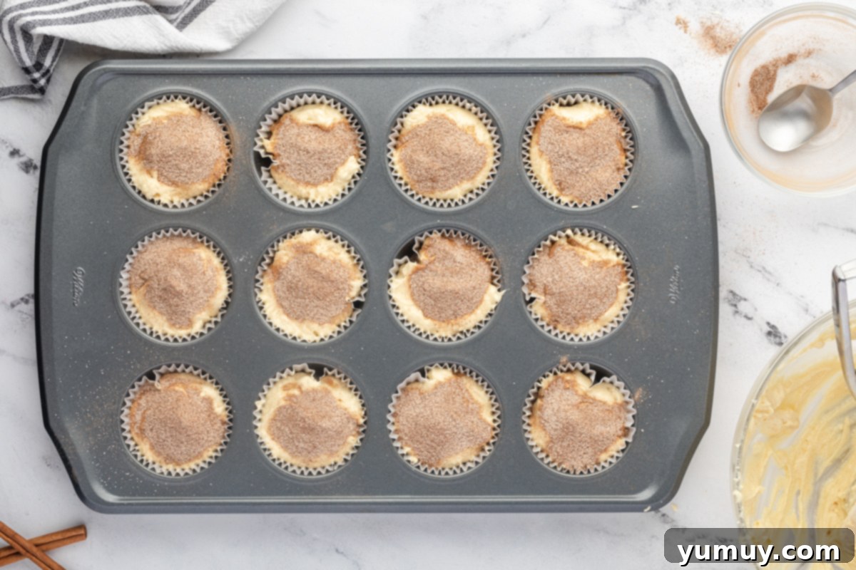unbaked snickerdoodle cupcakes in a cupcake tin.