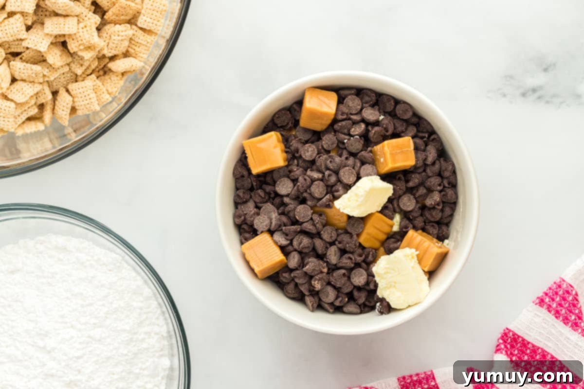 chocolate chips, caramel, and butter in a bowl, before melting