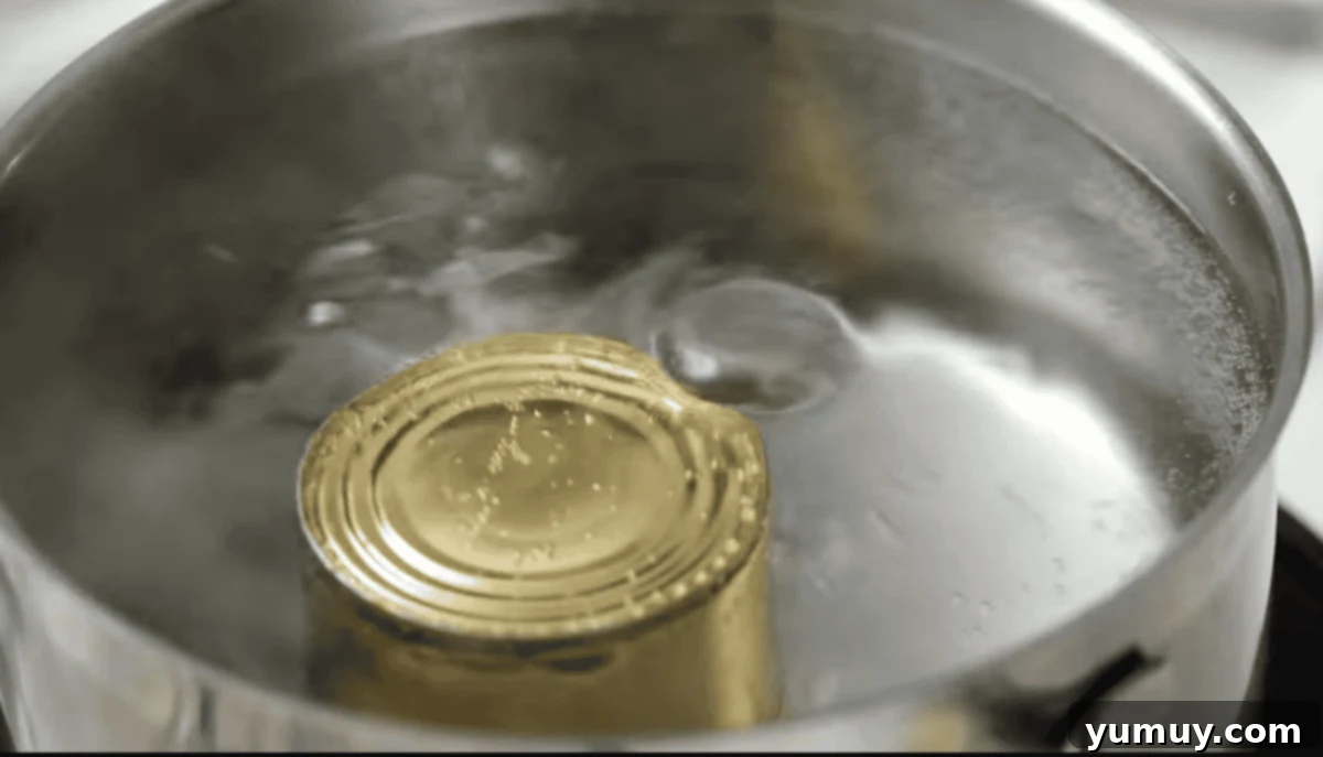 Perfect Homemade Dulce de Leche 9 A sealed can of sweetened condensed milk actively simmering in a pot on the stovetop, with bubbles gently rising.