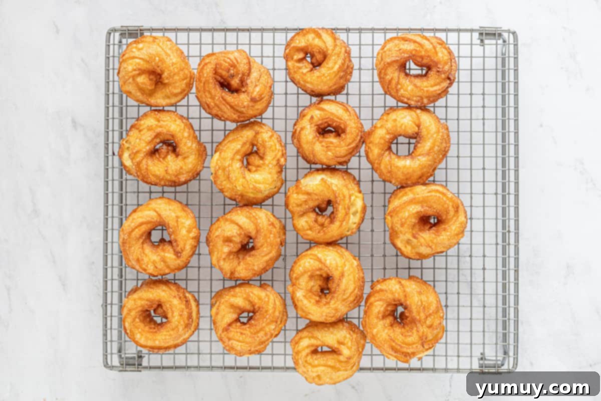 Freshly baked French crullers arranged neatly on a wire cooling rack, draining excess oil.