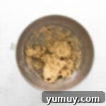 Golden Oat Raisin Delights 5 Cookie dough with oats in a mixing bowl on a white background.