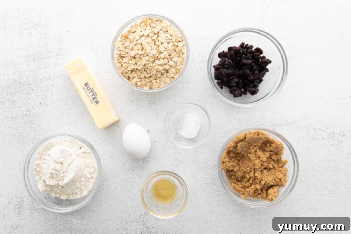 Golden Oat Raisin Delights 9 All the necessary ingredients for oatmeal raisin cookies, neatly arranged in bowls on a pristine white background, ready for baking.