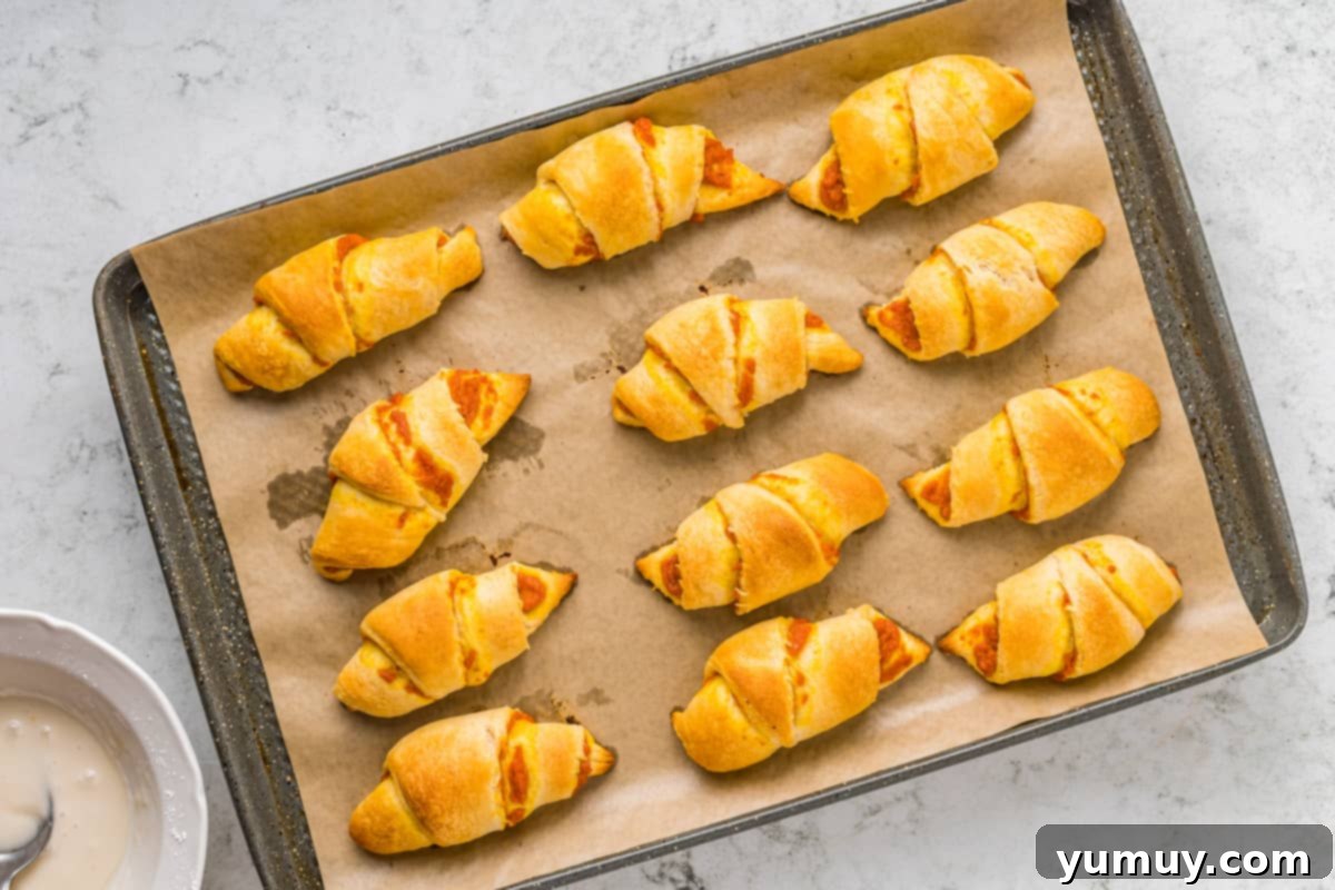 Pumpkin pie crescent rolls lined up on a parchment-lined baking tray after being rolled, ready for the oven.