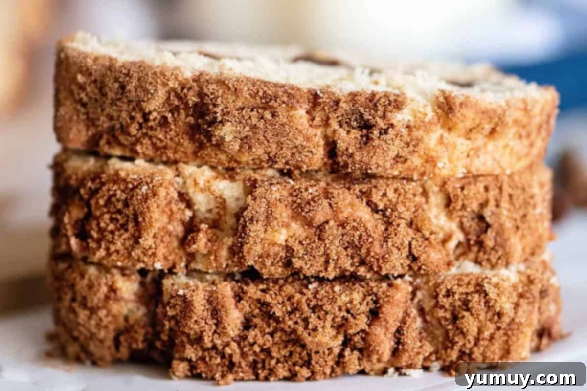 Snickerdoodle Swirl Bread 3 A stack of three slices of freshly baked snickerdoodle bread, showcasing its inviting layers.