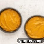 Irresistible Pumpkin Cake with Zesty Cream Cheese Frosting 6 cake batter spread into two round cake pans