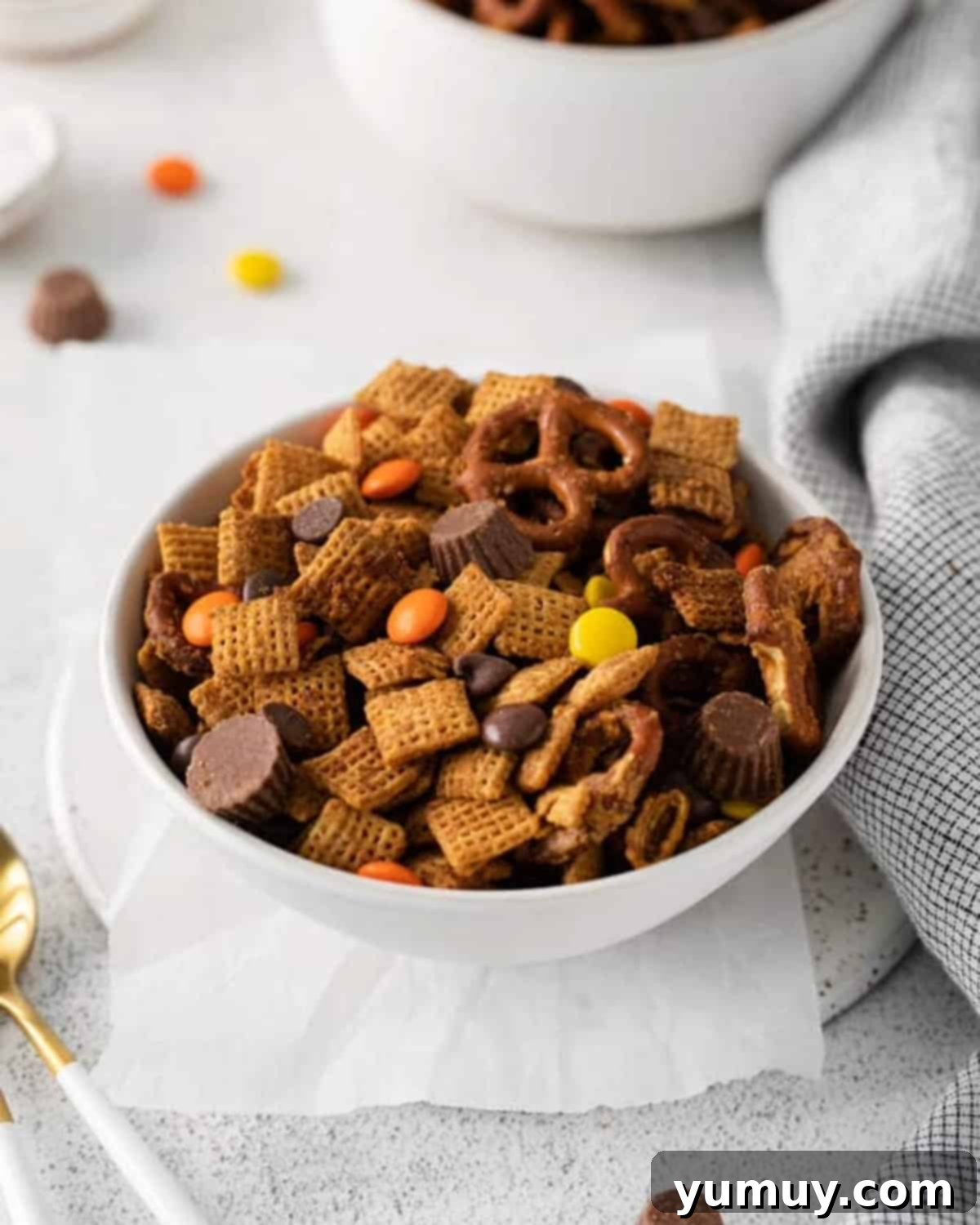 A serving of chocolate peanut butter Chex mix in a white bowl, showcasing its diverse ingredients and tempting textures.