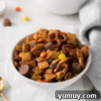a bowl of chocolate peanut butter Chex mix