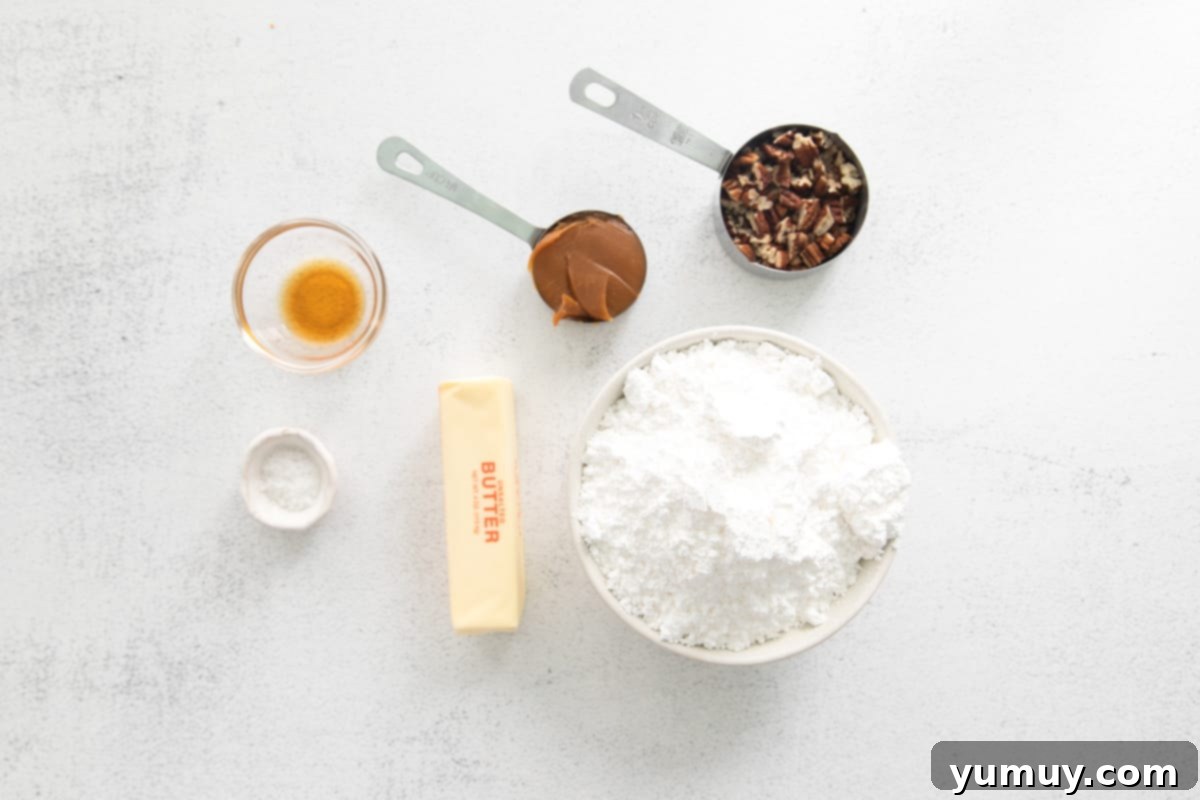 overhead view of ingredients for caramel pecan buttercream in individual bowls.