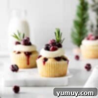 Tangy Cranberry Delights 4 Cranberry cupcakes with whipped cream and cranberries, a vibrant and festive dessert.