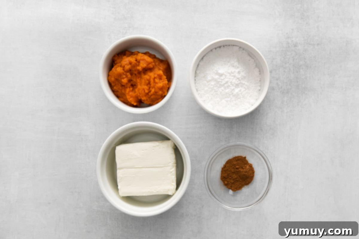 All the ingredients for the creamy pumpkin filling neatly arranged in a bowl, ready to be mixed.
