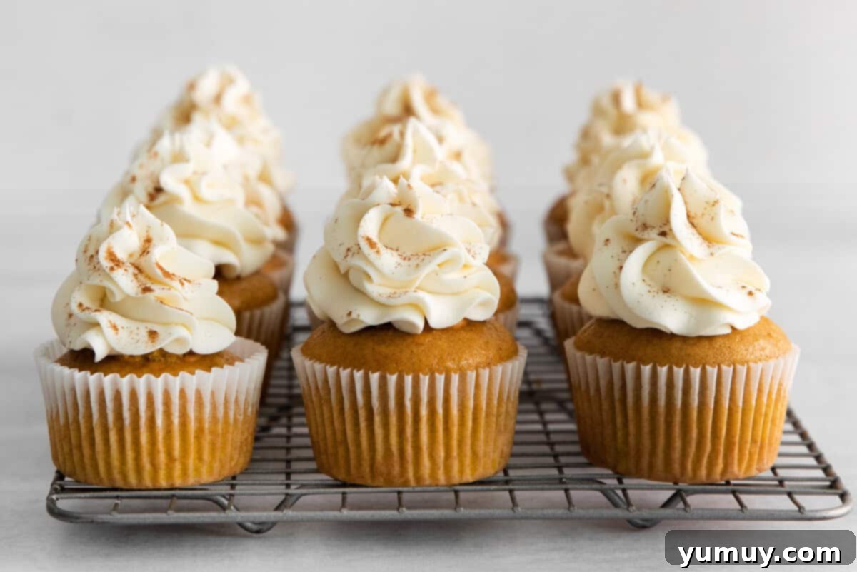 A tray of beautifully frosted pumpkin pie cupcakes, each adorned with a generous swirl of cream cheese frosting.