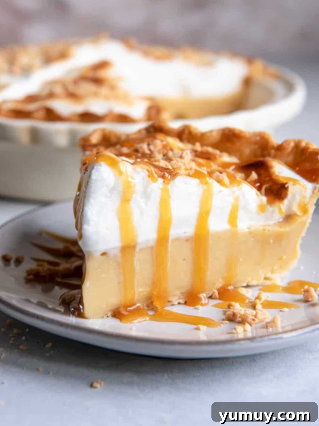 Golden Butterscotch Delight 2 A beautifully sliced homemade butterscotch pie topped with fluffy meringue, presented on a delicate plate, ready to be enjoyed.