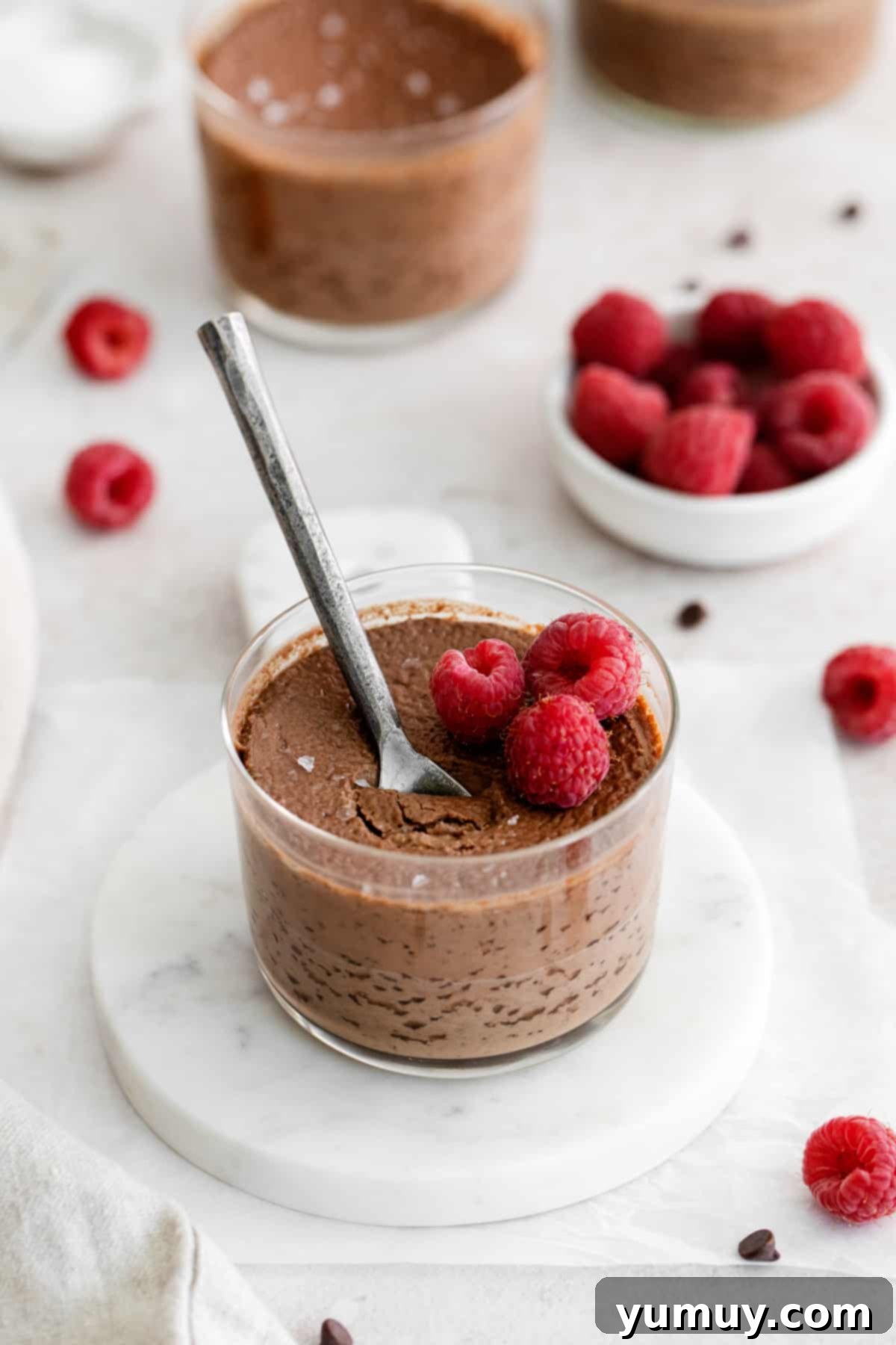 Decadent Chocolate Custard 2 chocolate pot de creme with a spoon and topped with raspberries