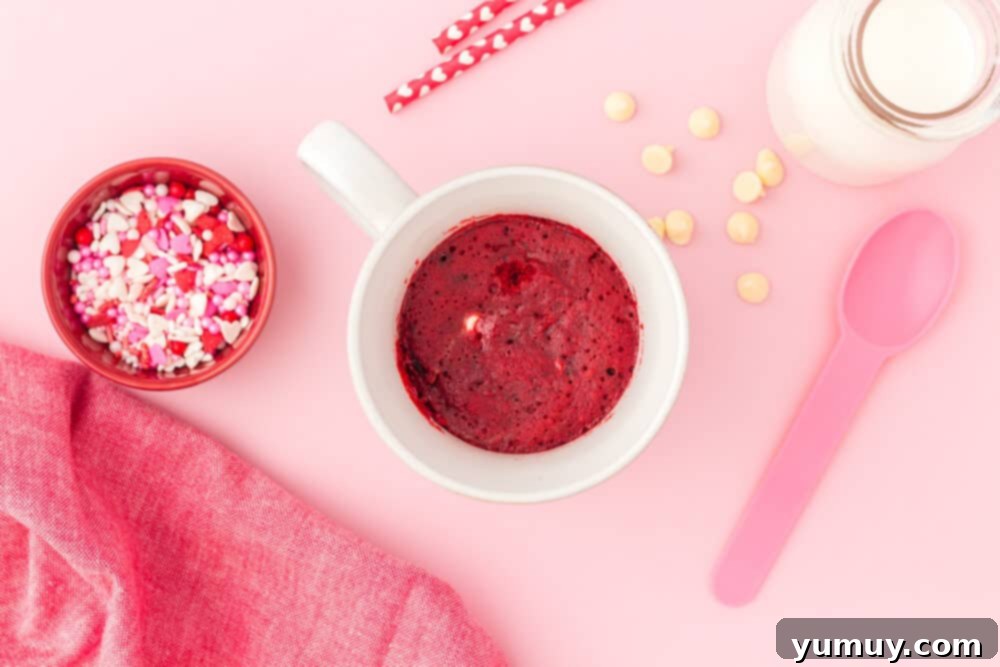 Overhead view of a perfectly cooked red velvet mug cake, decorated with melted white chocolate, on a pink surface.