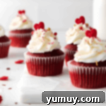Indulgent Homemade Red Velvet Cupcakes 12 frosted red velvet cupcakes with heart sprinkles.