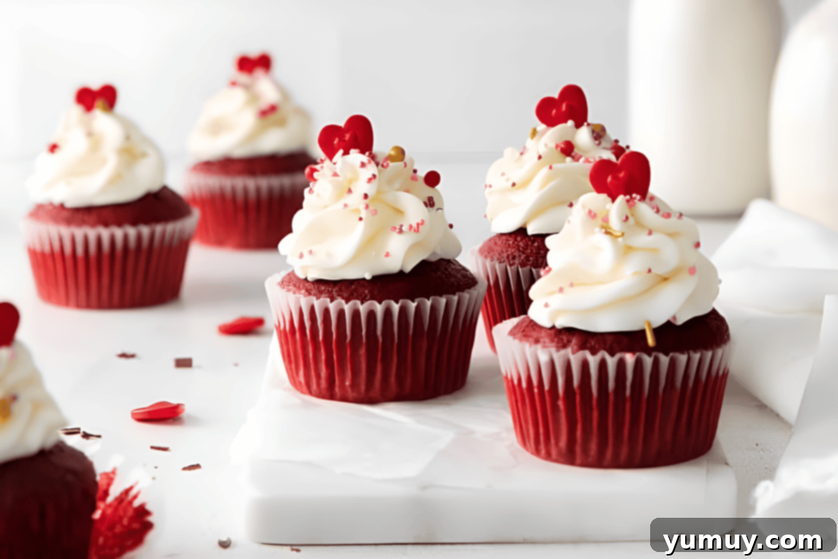 Indulgent Homemade Red Velvet Cupcakes 19 frosted red velvet cupcakes with heart sprinkles.