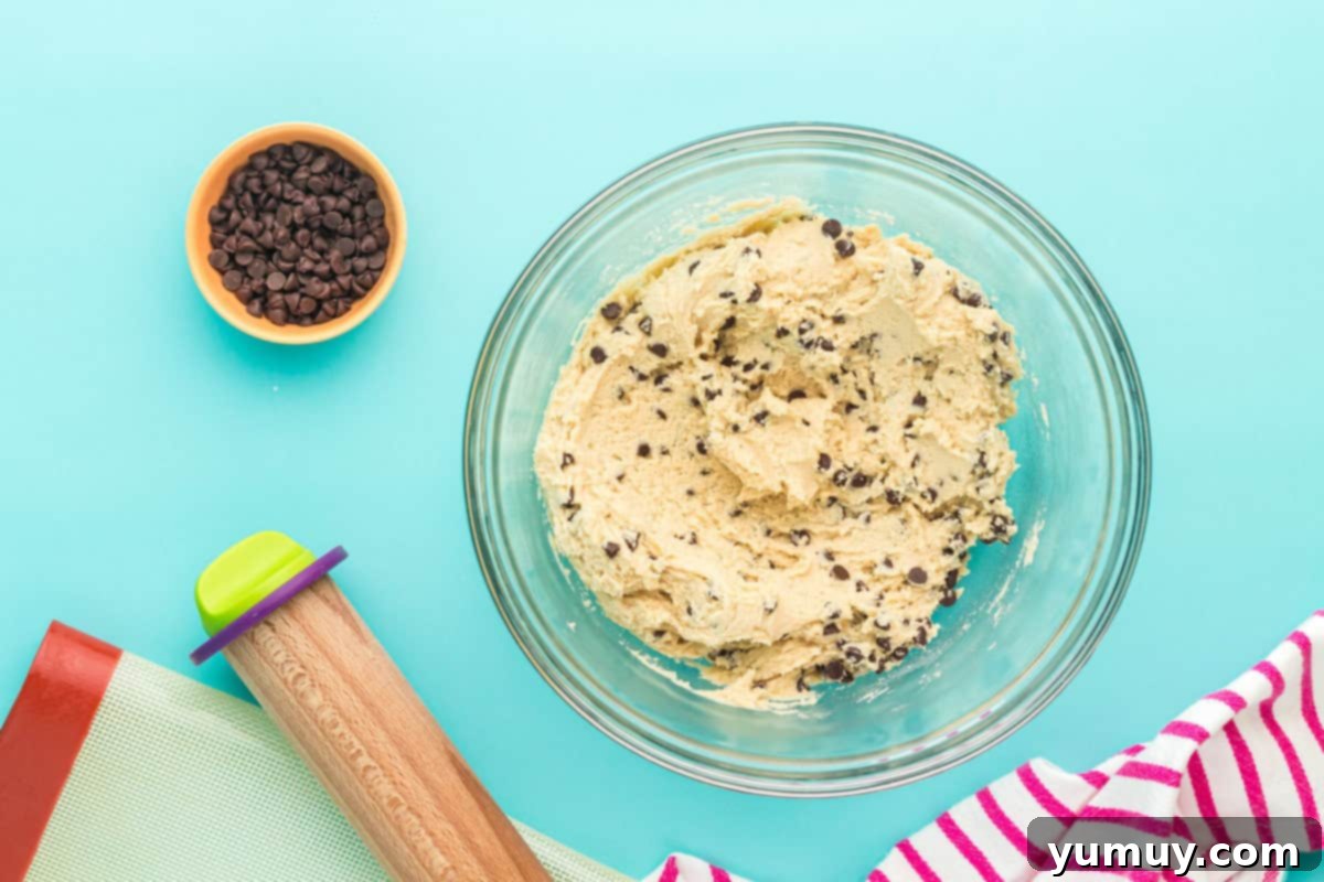 Golden Cookie Fries with Chocolate Chips 14 Freshly mixed chocolate chip cookie dough in a bowl, speckled with mini chocolate chips.