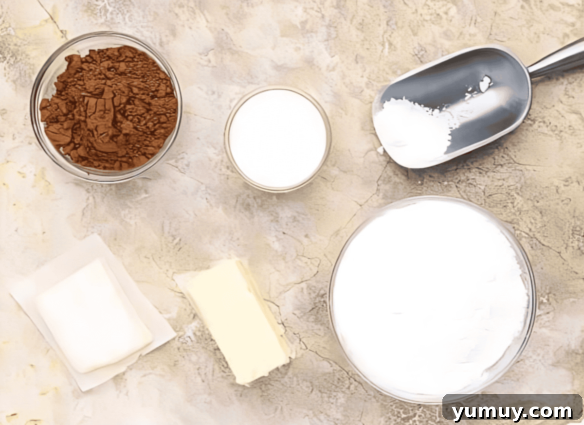 Decadent Chocolate Cream Cheese Frosting 5 ingredients for chocolate cream cheese frosting.