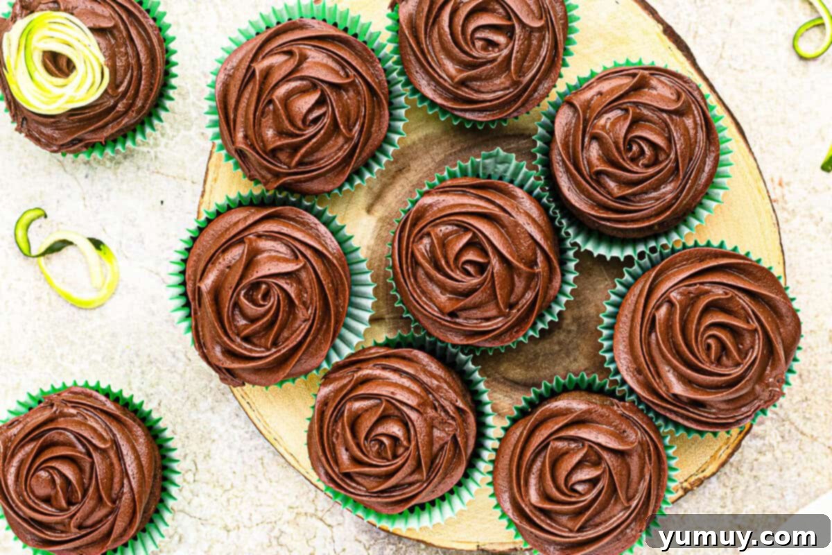 Decadent Chocolate Zucchini Cupcakes 16 overhead platter with chocolate zucchini cupcakes