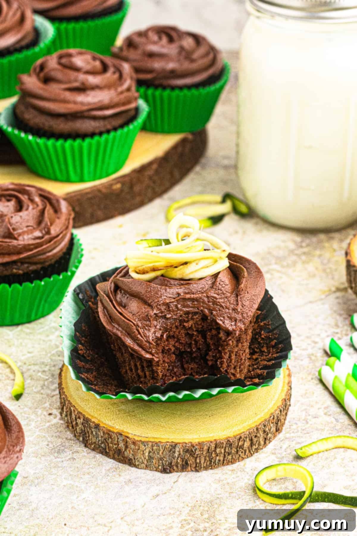 Decadent Chocolate Zucchini Cupcakes 3 chocolate zucchini cupcake garnished with shaved zucchini