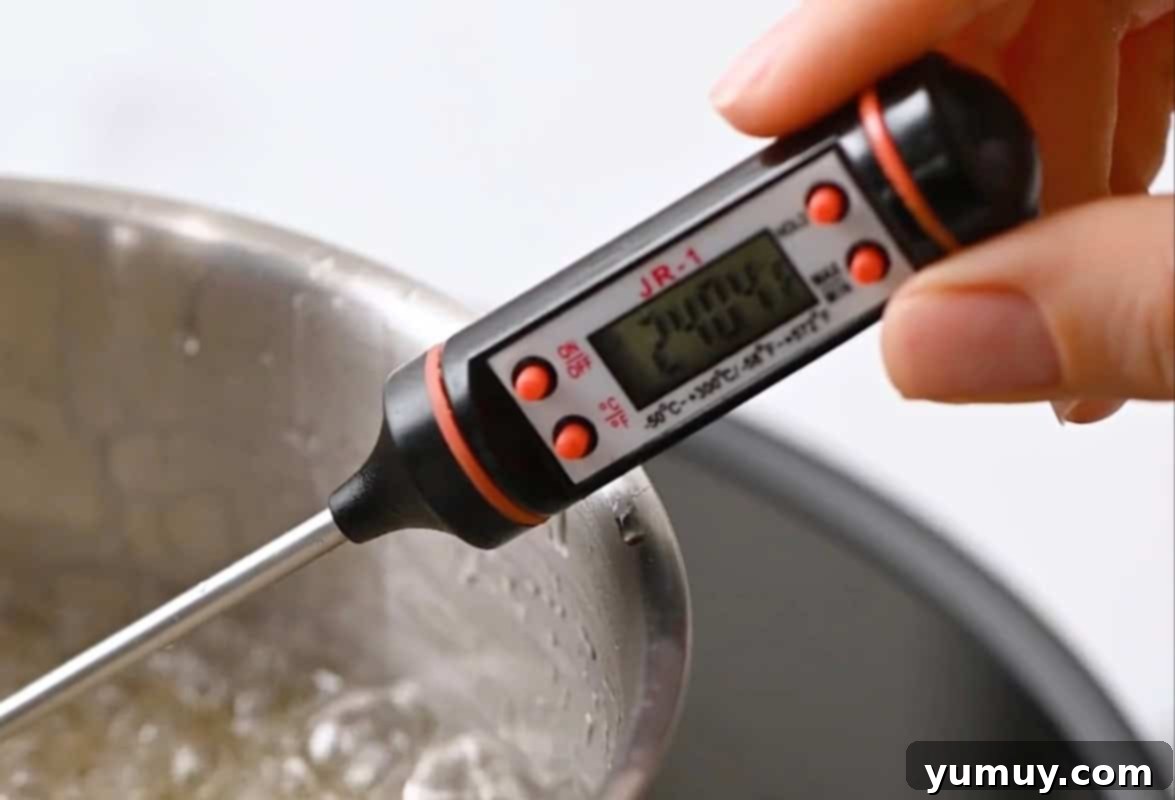 a candy thermometer reads "240.4°F" on the digital display.