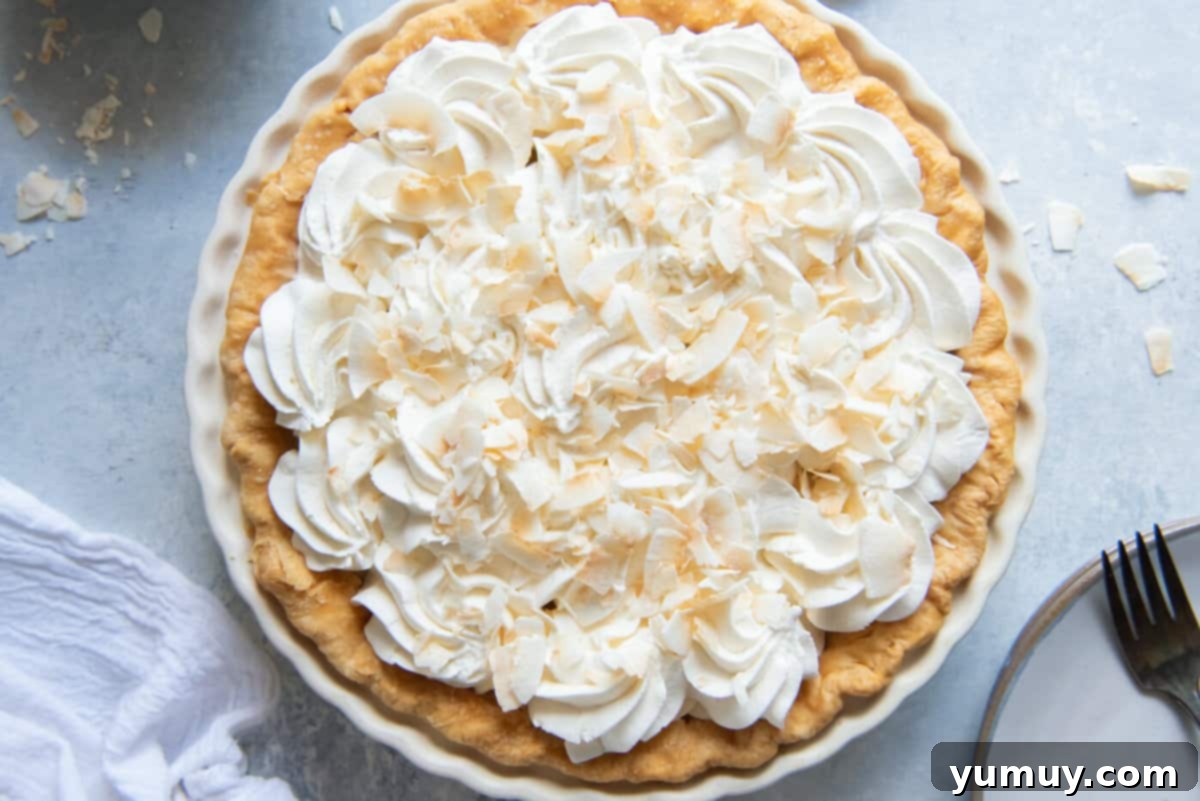 Creamy Coconut Bliss 17 overhead view of a whole coconut cream pie with whipped topping