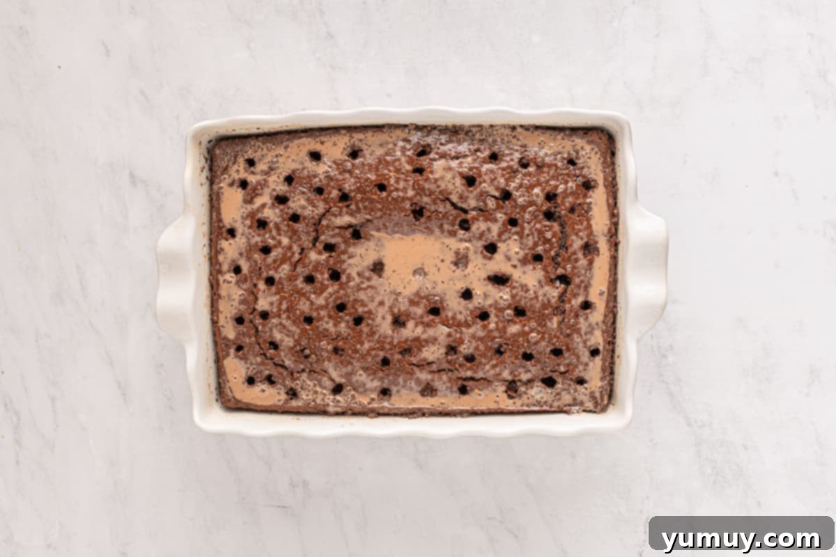 chocolate cake with holes poked in it