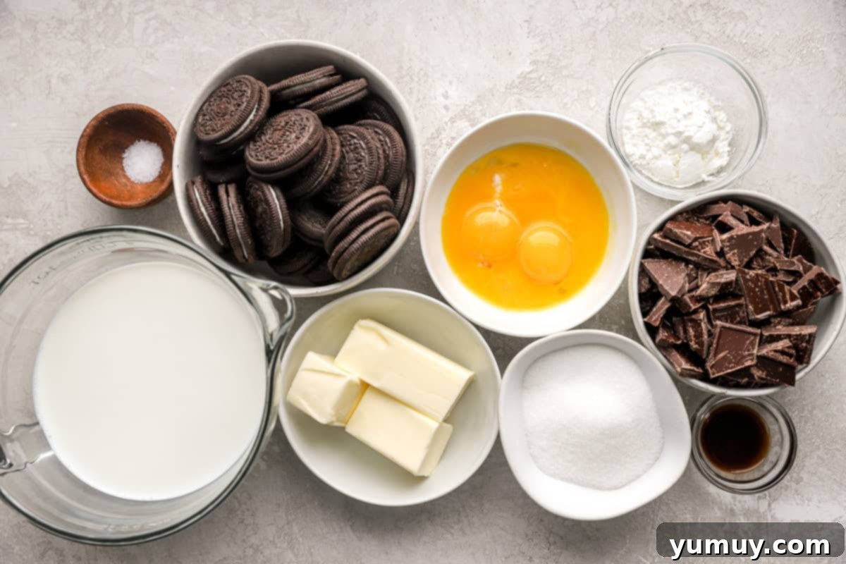 Ingredients for chocolate cream pie arranged in dishes.