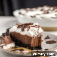 A slice of chocolate cream pie on a plate.