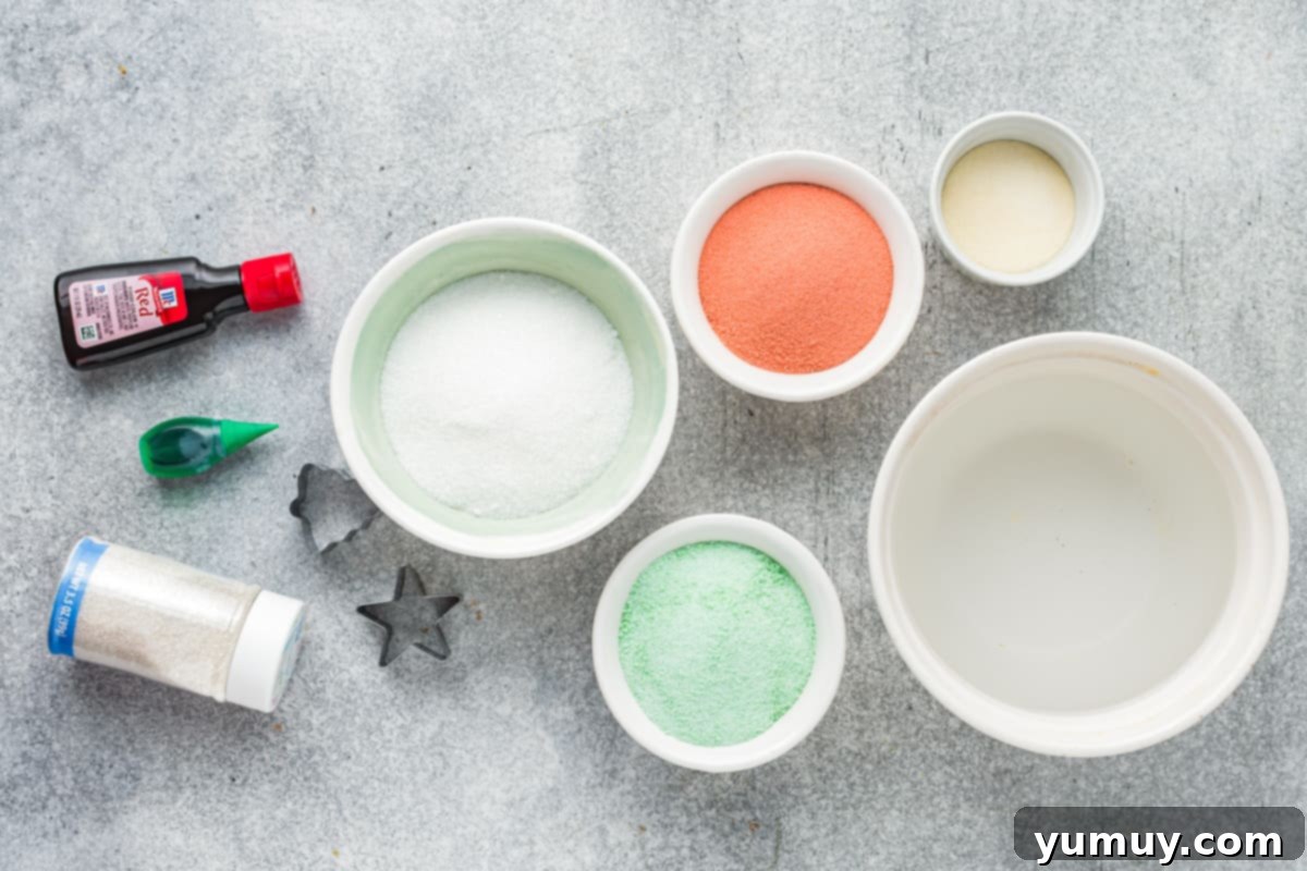 All the ingredients for homemade Christmas gumdrop candy laid out on a kitchen counter.