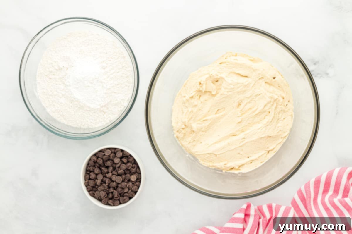 cookie dough ingredients in mixing bowls