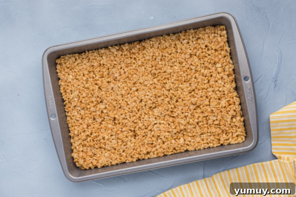 Crispy Marshmallow Squares 8 A baking pan filled with golden Rice Krispie treats, ready to be cooled and cut.