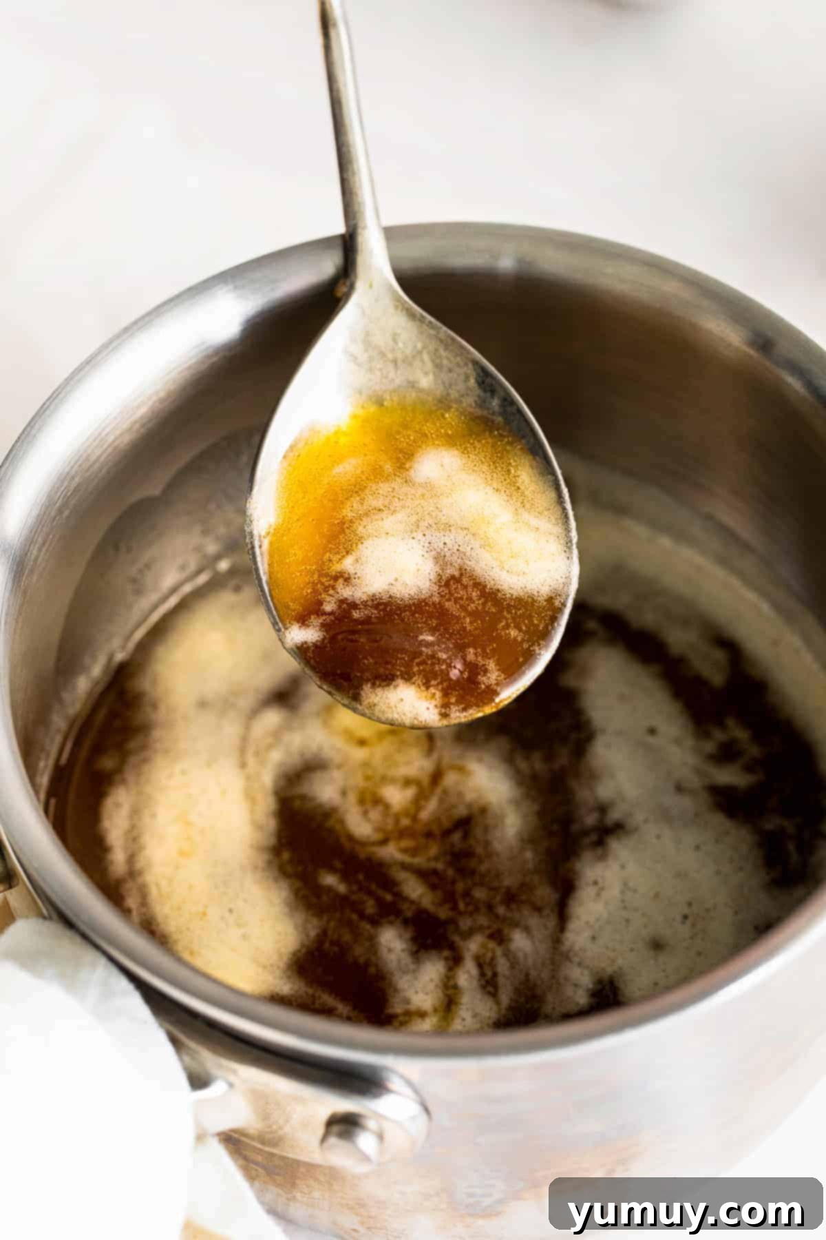 The Secret to Golden Brown Butter 2 up close brown butter in saucepan