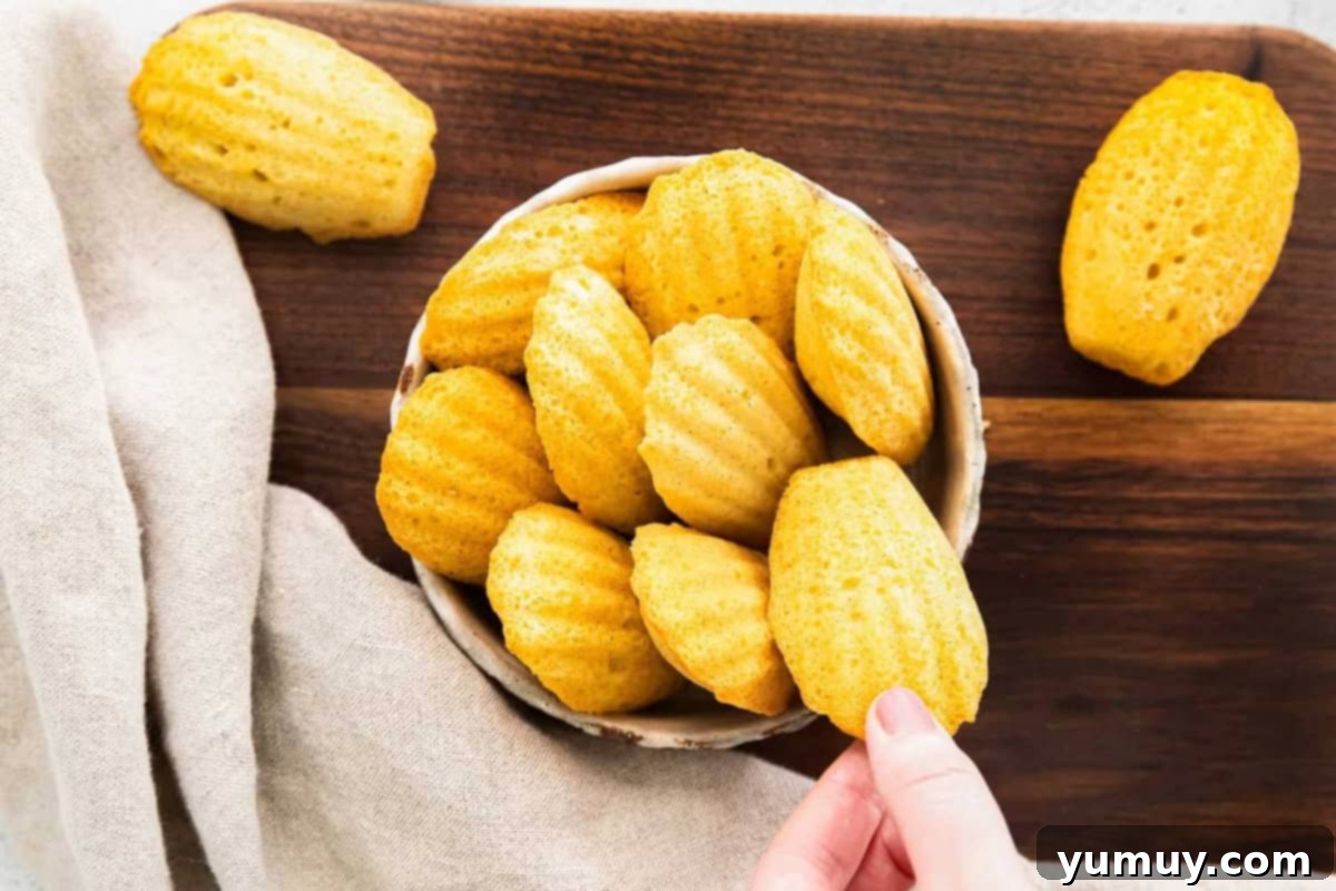 Delicate French Shell Cakes 3 overhead view of a hand grabbing a madeleine cookie from a bowl filled with cookies on a wooden cutting board.