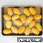 Delicate French Shell Cakes 9 baked madeleines on a baking sheet.
