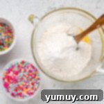 Cake Batter Confetti Cookies 5 Mixing together wet and dry ingredients in a large bowl to form cookie dough.