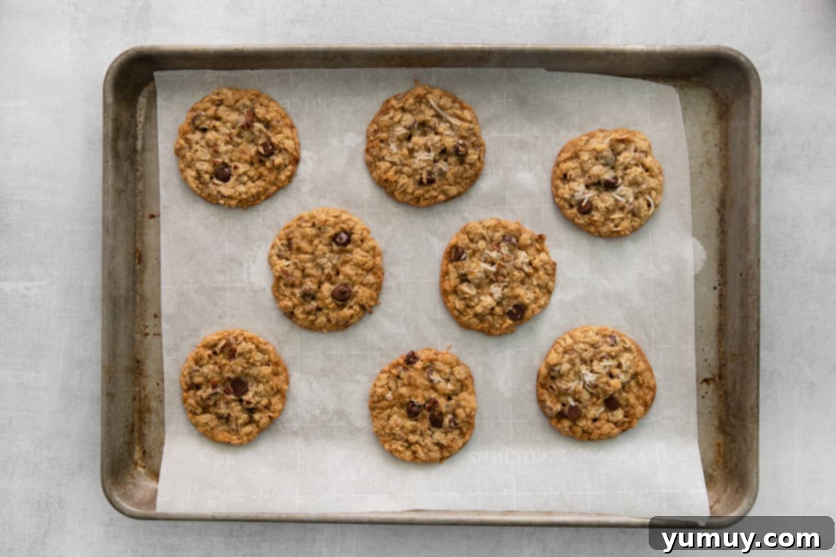 Freshly baked and golden brown cowboy cookies cooling on a baking tray
