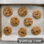 freshly baked cowboy cookies cooling on a baking tray